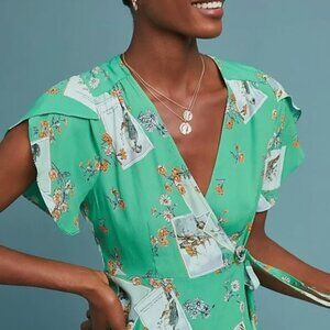 Anthropologie Meadow Rue Green Bird Bon Voyage Wrap Top SZ 4, NWT
